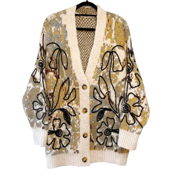 Free People Alexis Floral Oversized Boho Cardigan Sweater Sandstone Size Small - Picture 1 of 8